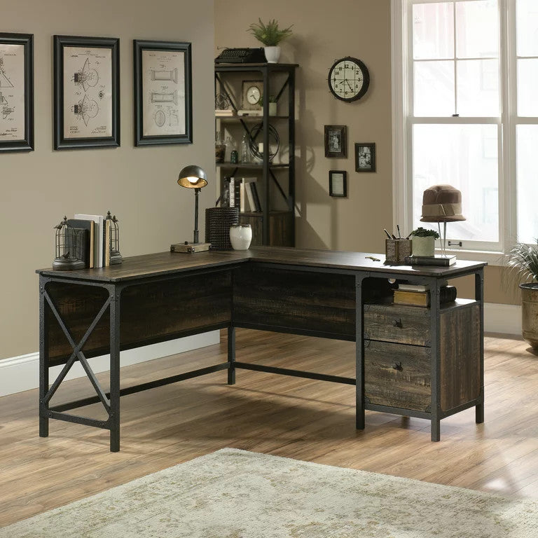 Farmhouse Desk, L-Shaped Design With Metal Base & Lower Drawers, Carbon Oak
