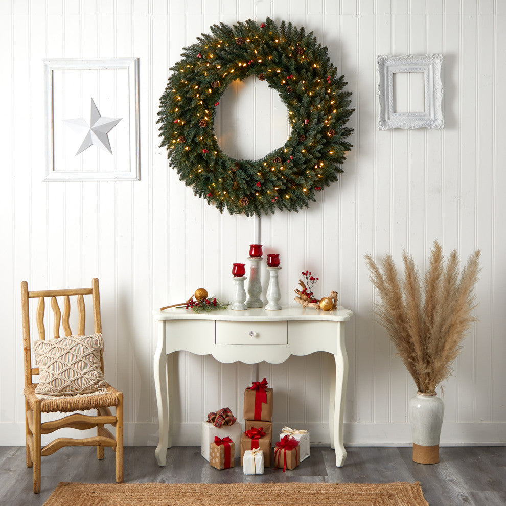4' Large Flocked Faux Xmas Wreath W/Pinecones, Berry, Lights & Bendable Branches