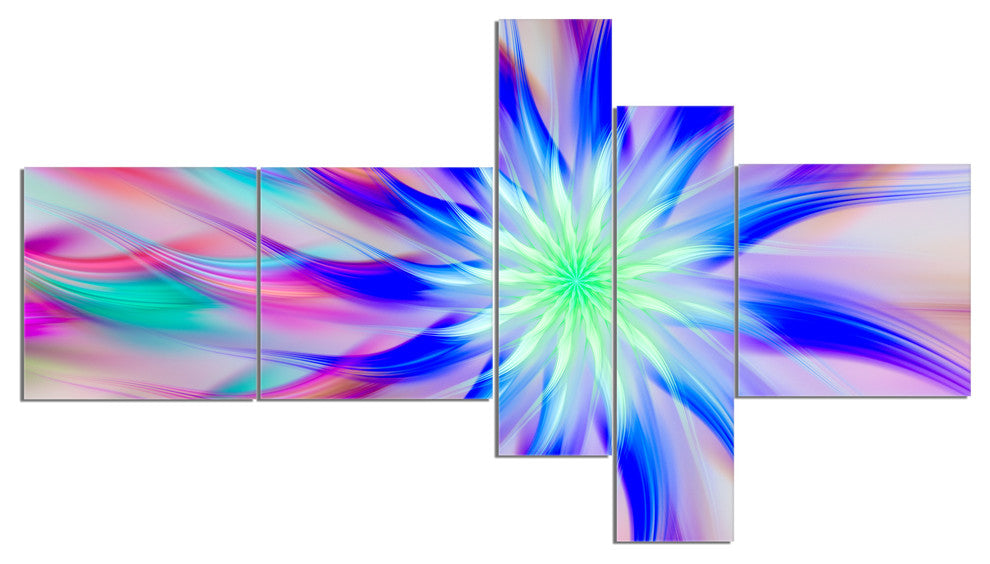Exotic Blue Fractal Spiral Flower, Abstract Canvas Art Print, 60"x32", 5 panels
