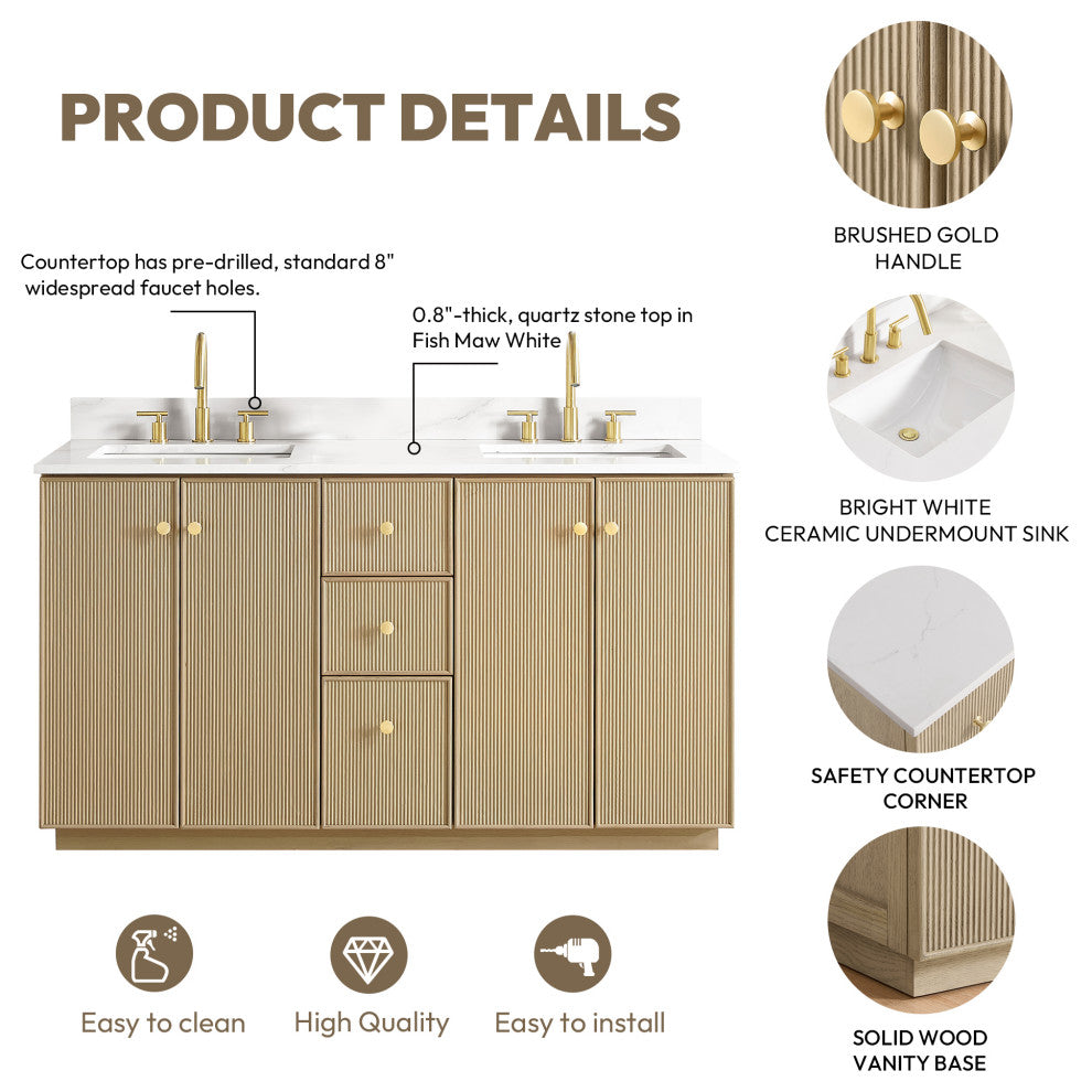 Oza Bath Vanity with Quartz Stone Top, Aged Natural Oak, 60", Double Vanity, No Mirror