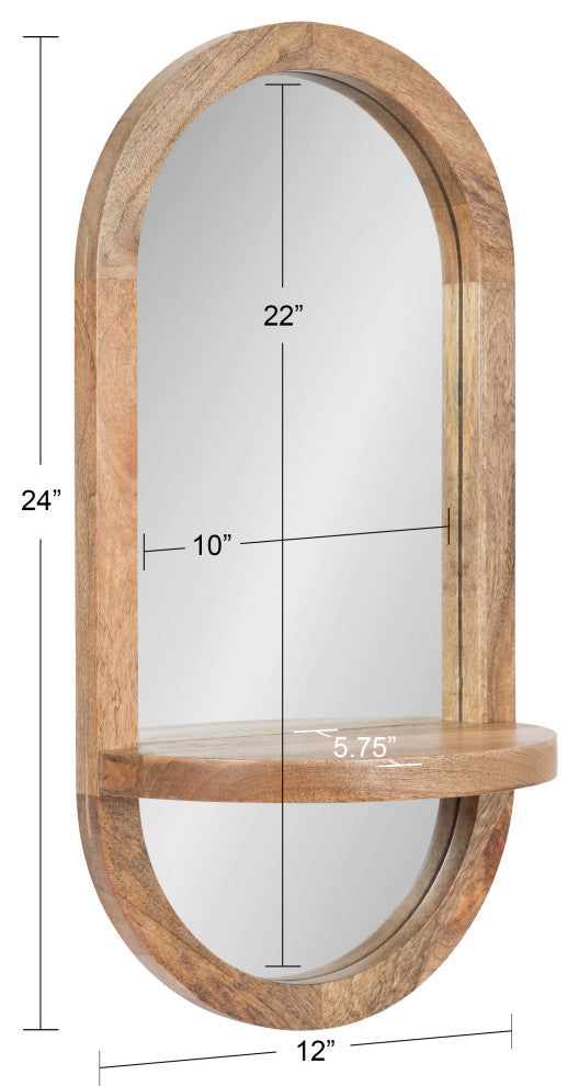 Hutton Wood Framed Capsule Mirror With Shelf, Natural, 12x24