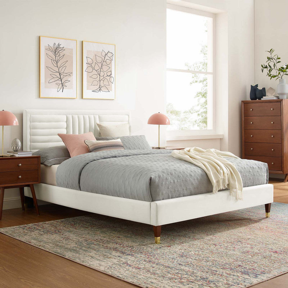 Sofia Channel Tufted Performance Velvet Full Platform Bed, White
