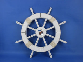 Rustic White Ship Wheel with Seagull and Lifering 18'', Beach Decor