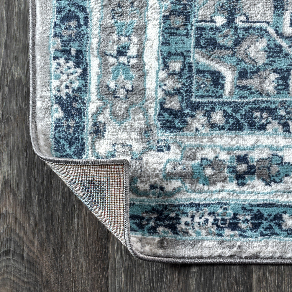 Modern Persian Vintage Medallion Light Grey/Blue 6' Round Area Rug