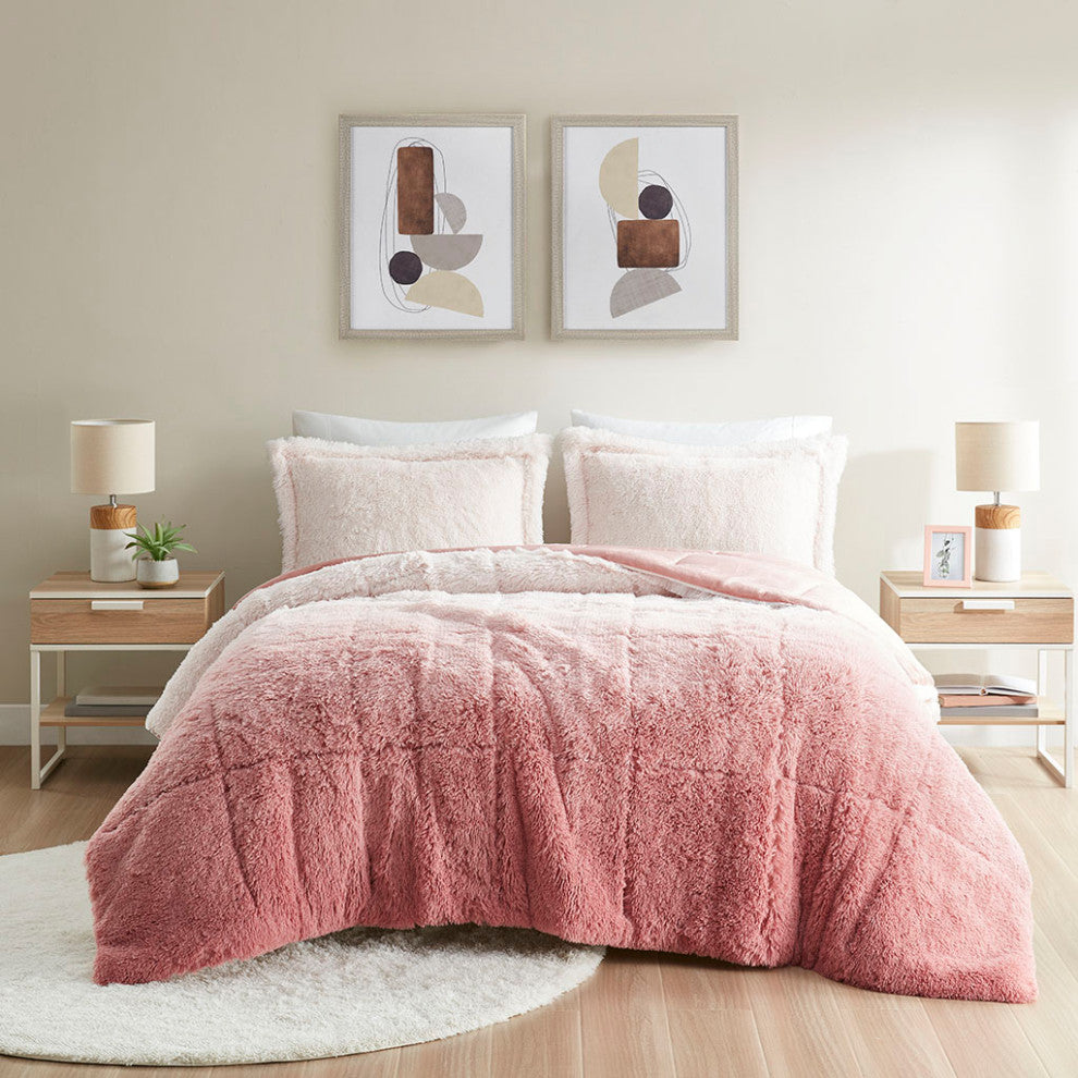 Intelligent Design Brielle Ombre Shaggy Long Fur Comforter Mini Set, Blush