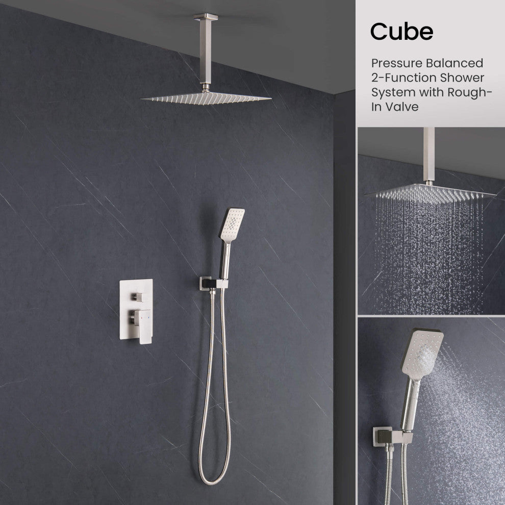 Ceiling Mounted 2-Function Shower System, Rough, Valve, Brushed Nickel