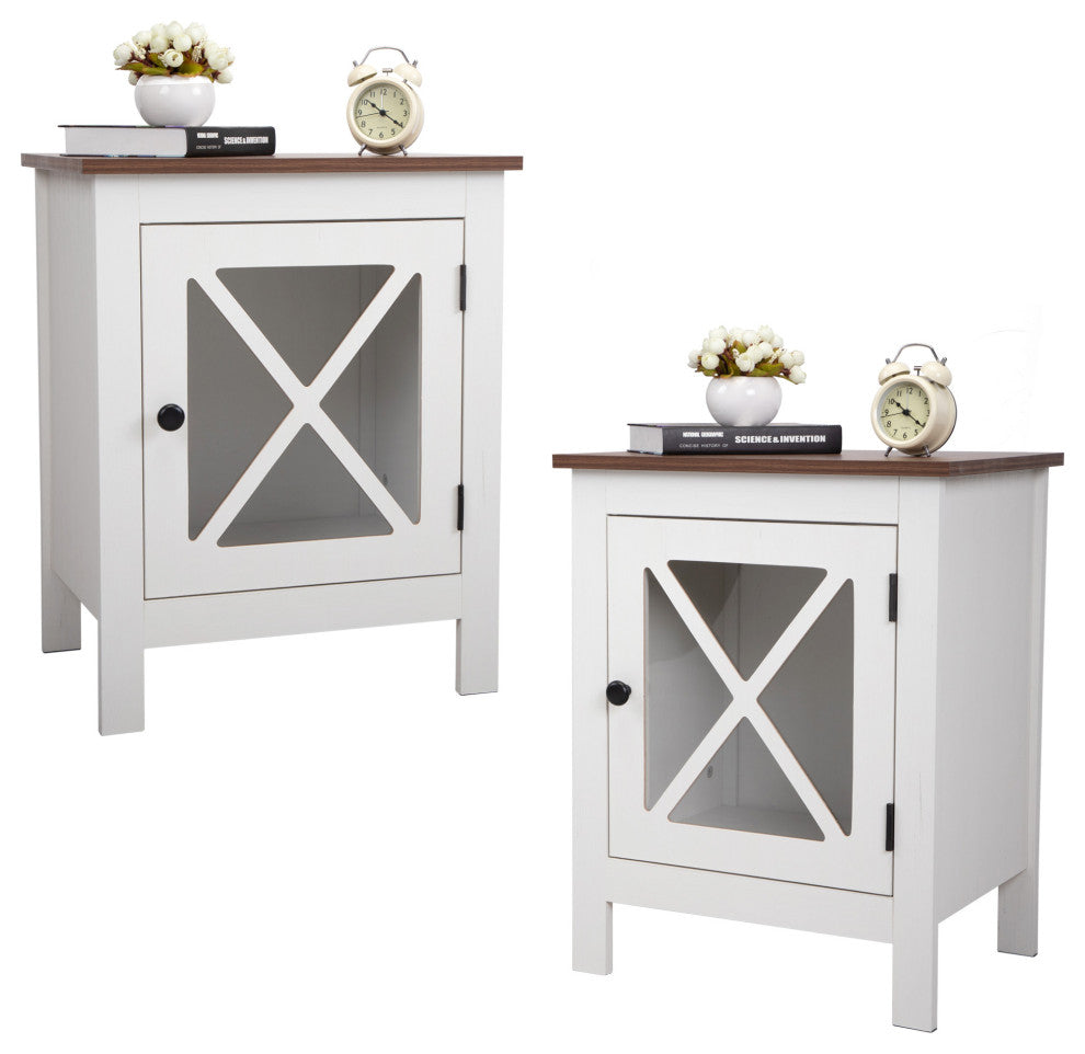 2 Set Wood Nightstand with Glass Door in White