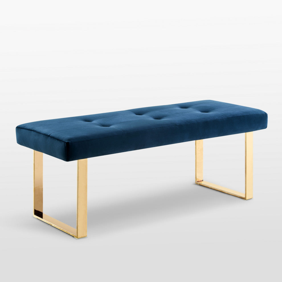 Dolores Velvet Button Tufted Square Leg Bench, Navy With Gold Base