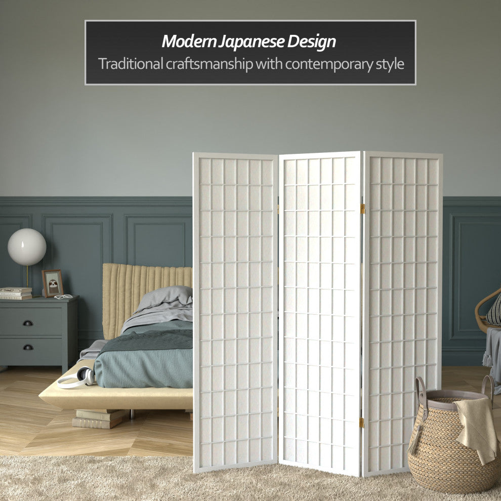 5' Tall Window Pane Shoji Screen, White, 3 Panels