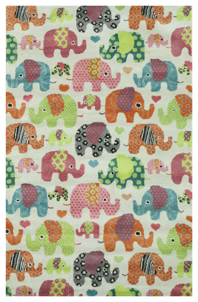 EORC Ivory Hand-Tufted Wool Kid's Elephant Rug, 4'x6'