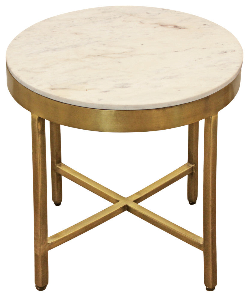 Orlando Carlton Ivory Marble Top Round Side Table on Brass Color Iron Base