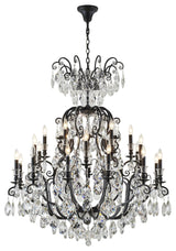 24-Light Matte Black Chandelier With Clear Hanging Crystals