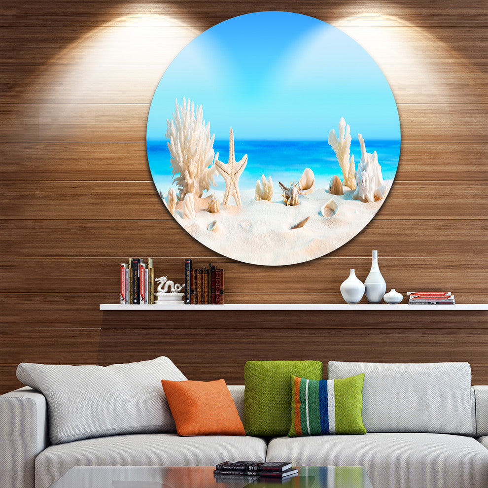 Seashells On Tropical Beach, Seashore Photo Round Metal Wall Art, 38"