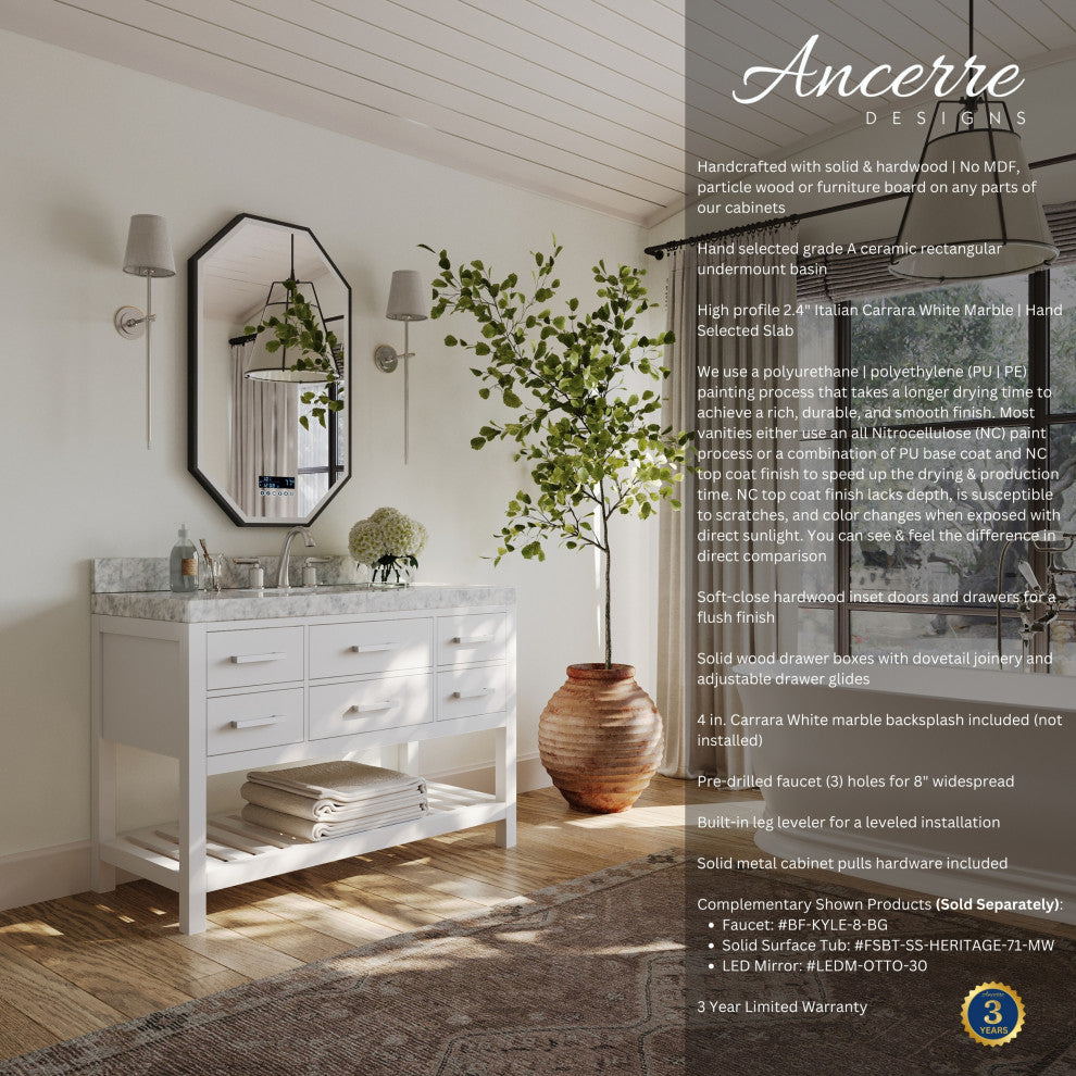 Arcadia Bath Vanity, White, 60", Brushed Nickel Hardware, Double, Freestanding