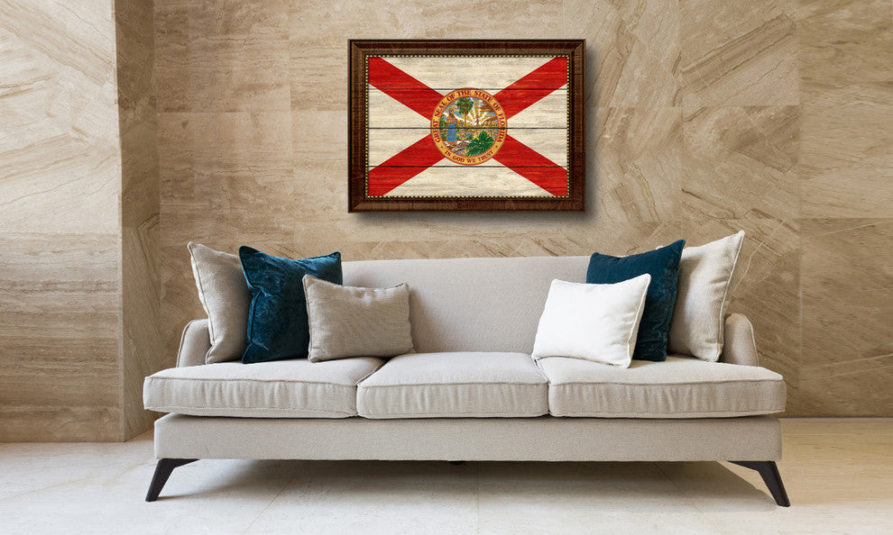 Florida State Textured Flag Print With Brown Gold Frame, 15"X21"