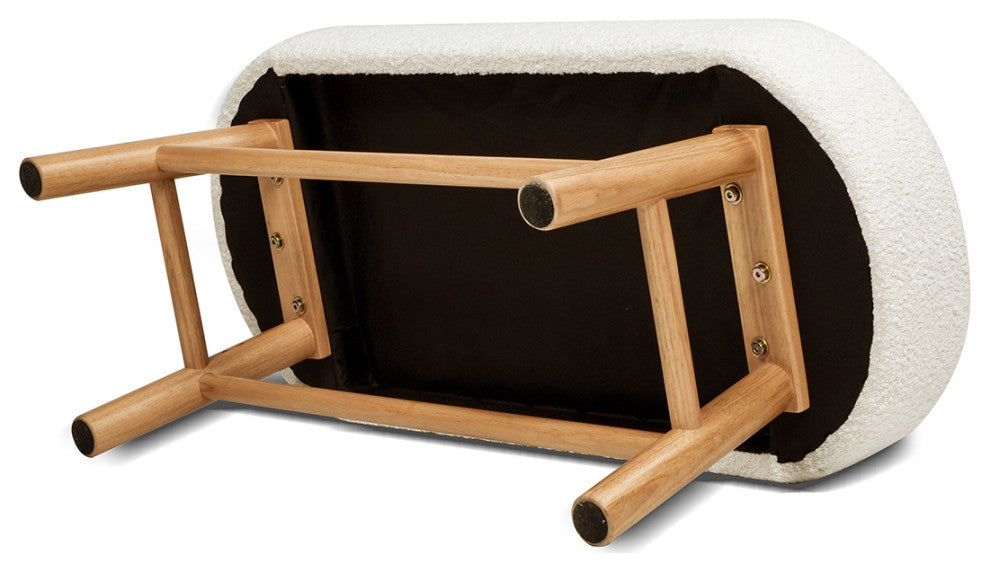 Fuji 42" Upholstered Accent Bench With Natural Wood Legs, Ivory White Boucle