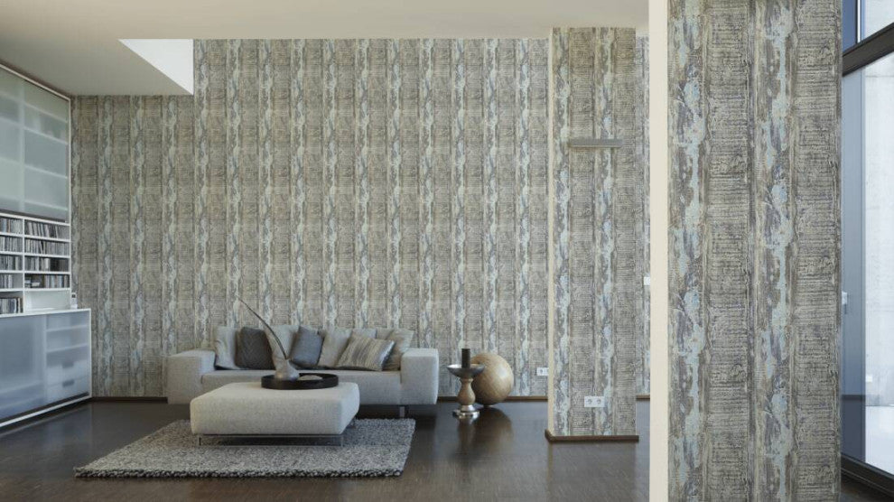 Faux Textured Wallpaper, Wooden Look, Beige Blue Brown, One Roll
