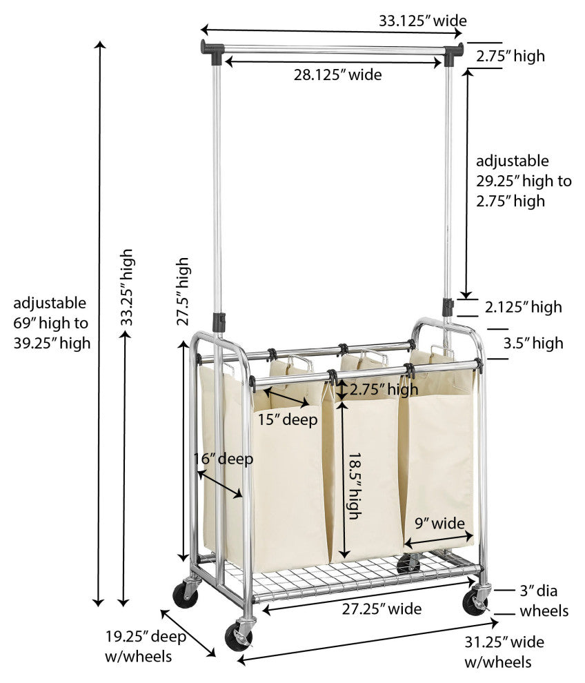 3-Bag Laundry Sorter With Clothes Rack