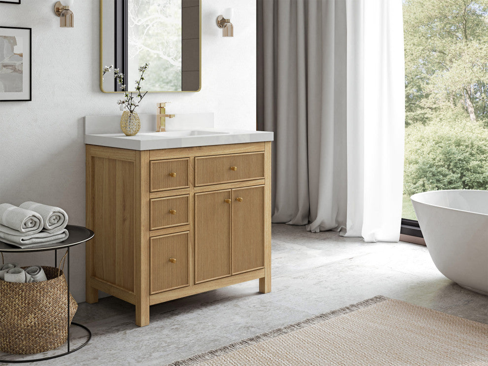 Sonoma 36 Center Sink Bath Vanity in Light Natural Teak with 2" Carrara Quartz