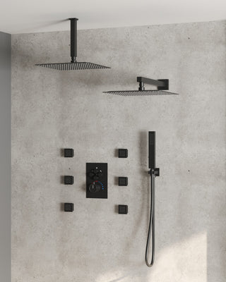 Thermostatic Shower System 12" Dual Shower Heads with Body Jet, Matte Black