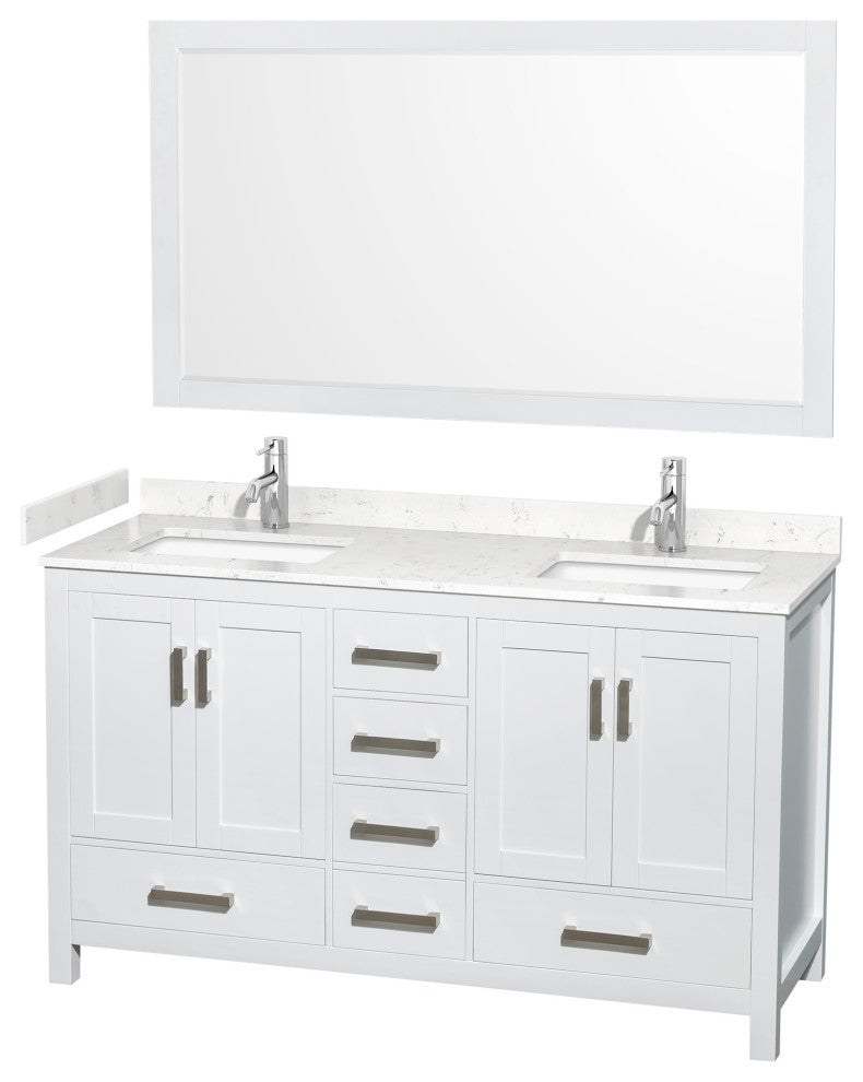 60"DBL Bathroom Vanity White, Carrara Cult. Marble Countertop, Sinks, 58" Mirror