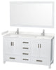 60"DBL Bathroom Vanity White, Carrara Cult. Marble Countertop, Sinks, 58" Mirror
