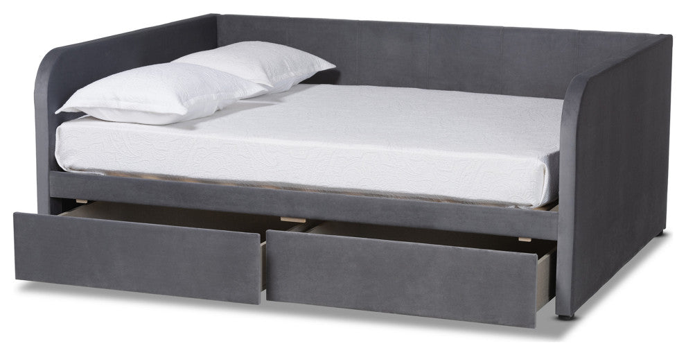 Basanti Grey Velvet Fabric Upholstered Full Size 2-Drawer Daybed