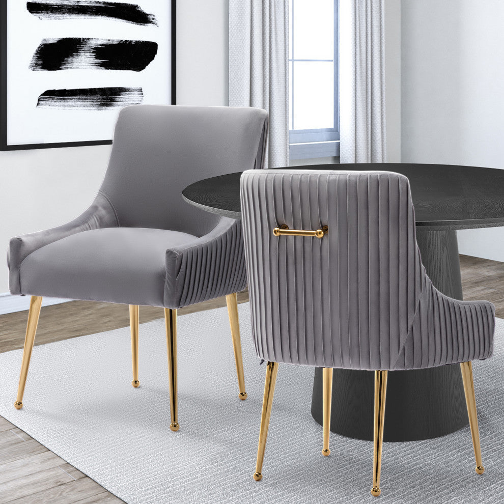 Glam Pleated Velvet Dining Chair Set of 2, Tufted Side Accent Kitchen Chair, Gray