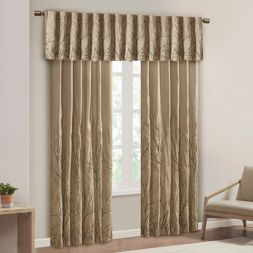 Madison Park Andora Embroidered Branches Faux Silk Window Panel, Blue, Tan, 95"