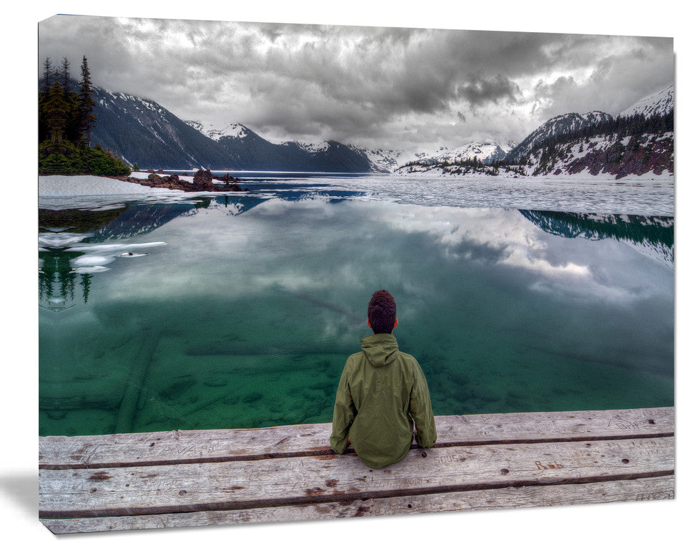 Boy Looking at Clear Mountain Lake, Landscape Canvas Art Print, 40"x30"