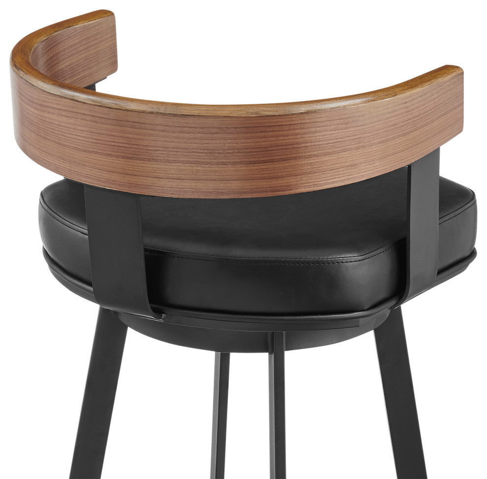 Idris Swivel Stool, Black/Walnut Finish & Black Faux Leather, Bar, 30"