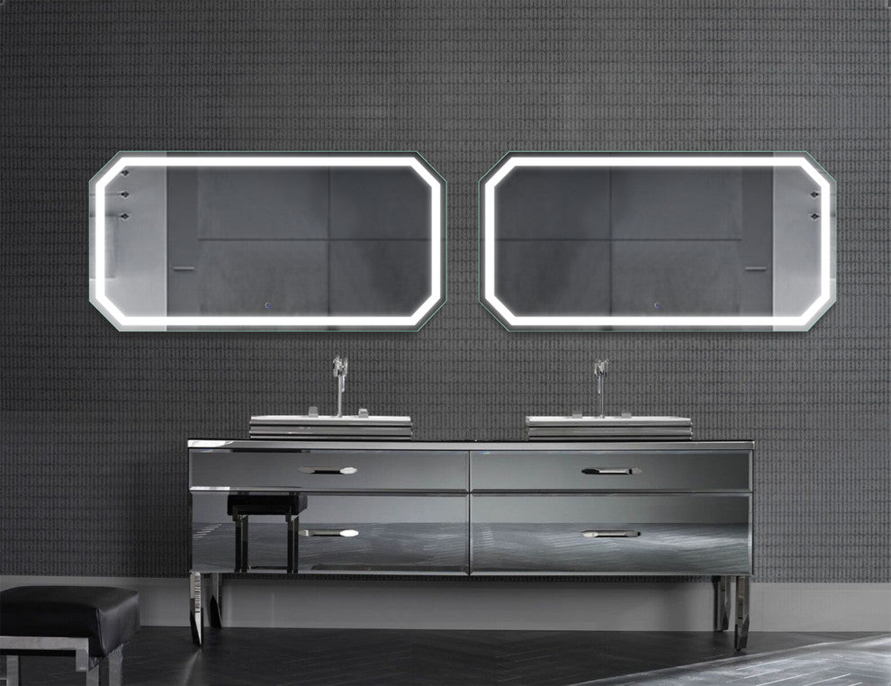 LED Lighted Octagon Wall Mount Bathroom Mirror With Defogger, 60"x30"