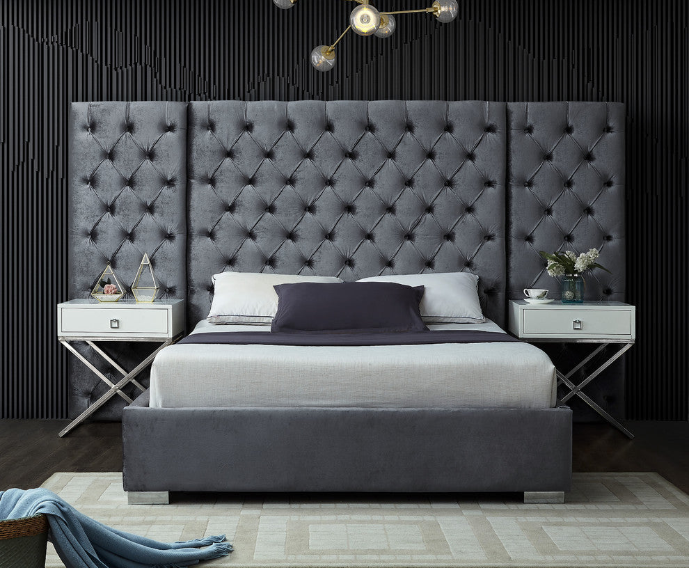 Grande Velvet Bed, Gray, Queen