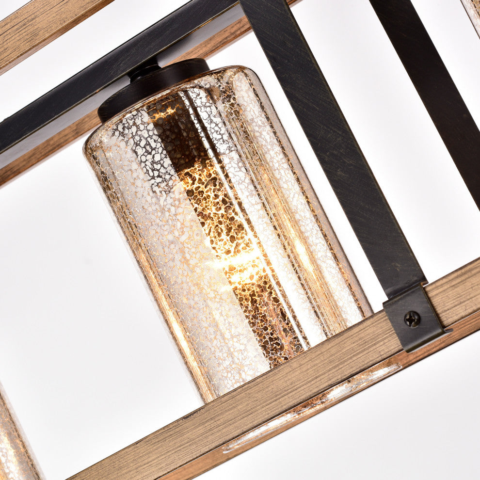 Olive Glass Linear Chandelier Faux Wood Grain and Antique Black
