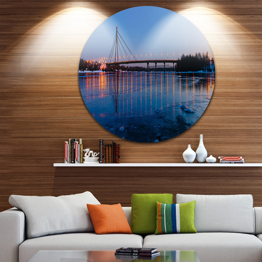 Moscow Bridge In Kiev Panorama, Cityscape Large Disc Metal Artwork, 23"