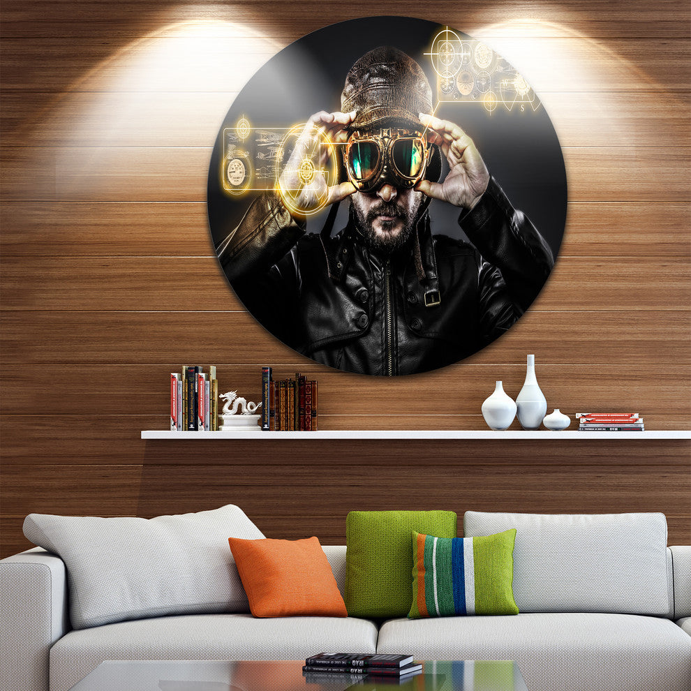 Fighter Pilot With Hat And Glasses, Portrait Disc Metal Artwork, 38"