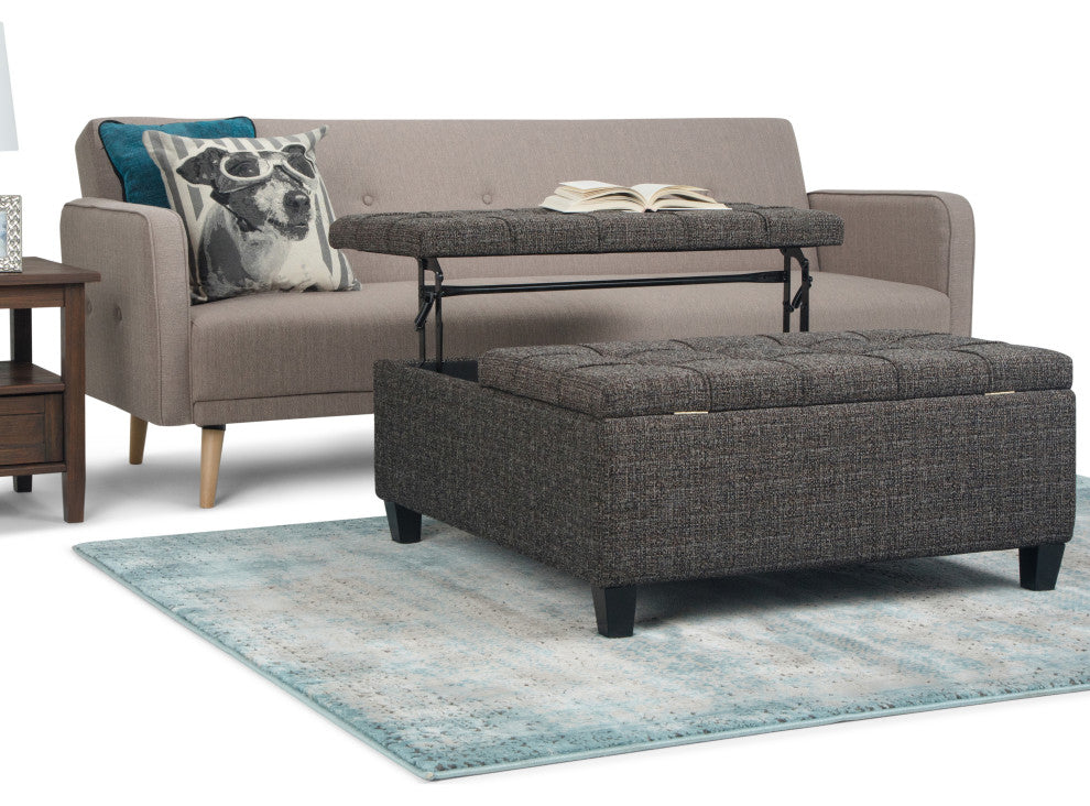 Harrison 36" Wide Square Coffee Table Storage Ottoman In Ebony Tweed Look Fabric
