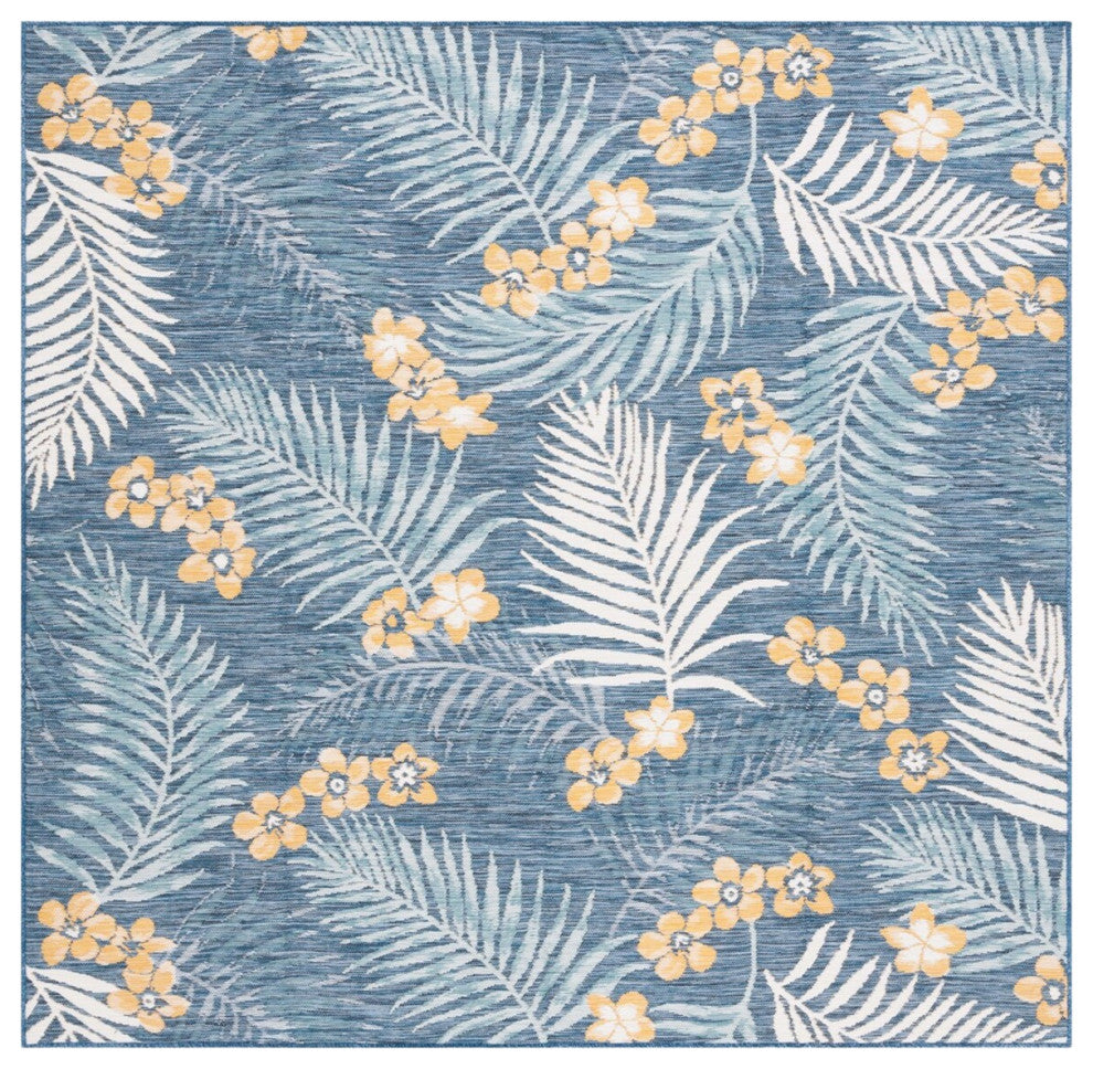 Safavieh Sunrise Collection SUN675 Indoor-Outdoor Rug, Ivory/Blue Gold, 6'7" Square