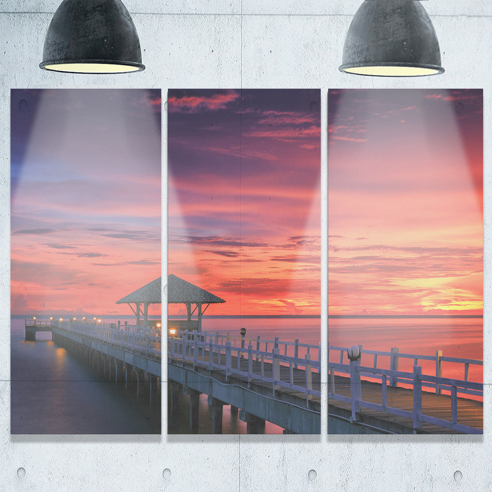 "Long Wooden Bridge and Colorful Sky" Metal Wall Art, 3 Panels, 36"x28"