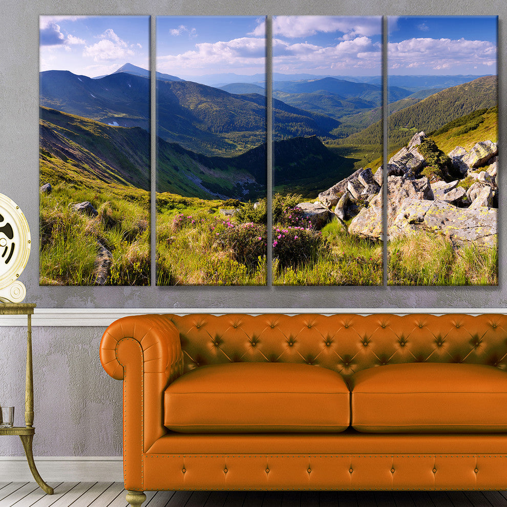 Rocky Summer Hills under Blue Sky, Landscape Canvas Art Print, 48"x28", 4 Panels