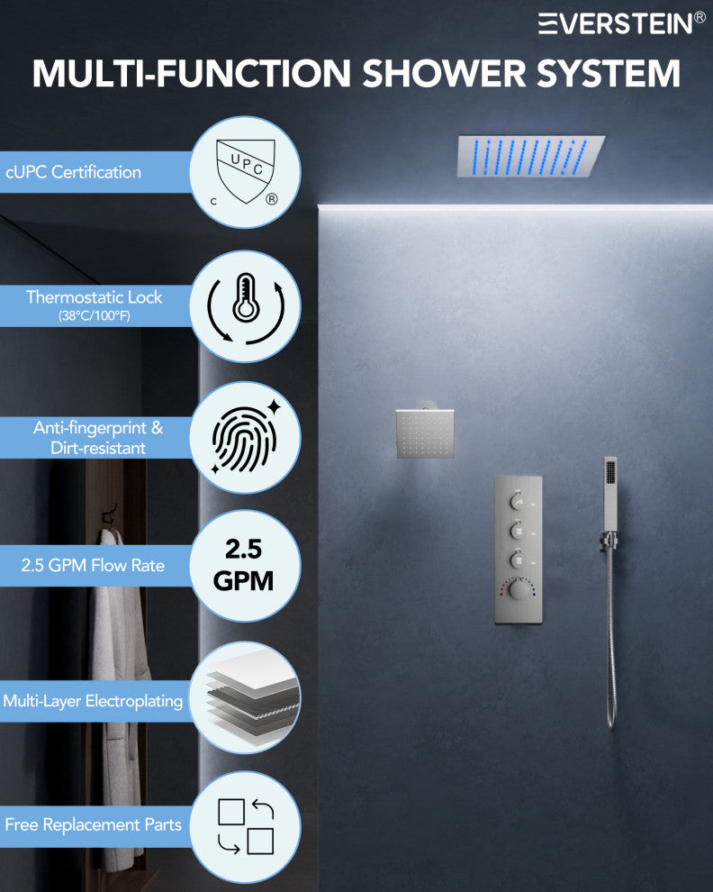 LED Dual Heads 12" Rain Shower System With Thermostatic 3-Way Faucet, Brushed Nickel