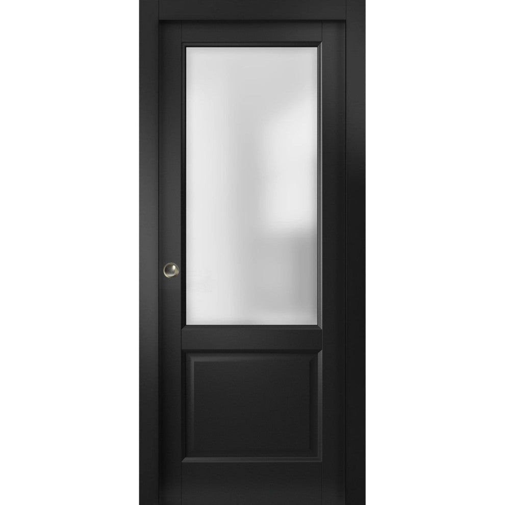 Sliding Pocket Door 36 x 80, Lucia 22 Black Frosted Glass, Rails