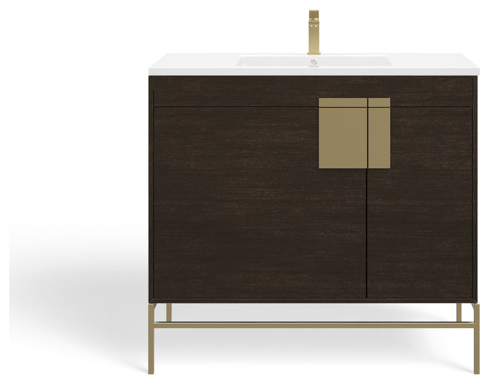 Lockhart Bath Vanity, Black Oak, 36", Satin Brass Hardware, Single Sink, Freestanding
