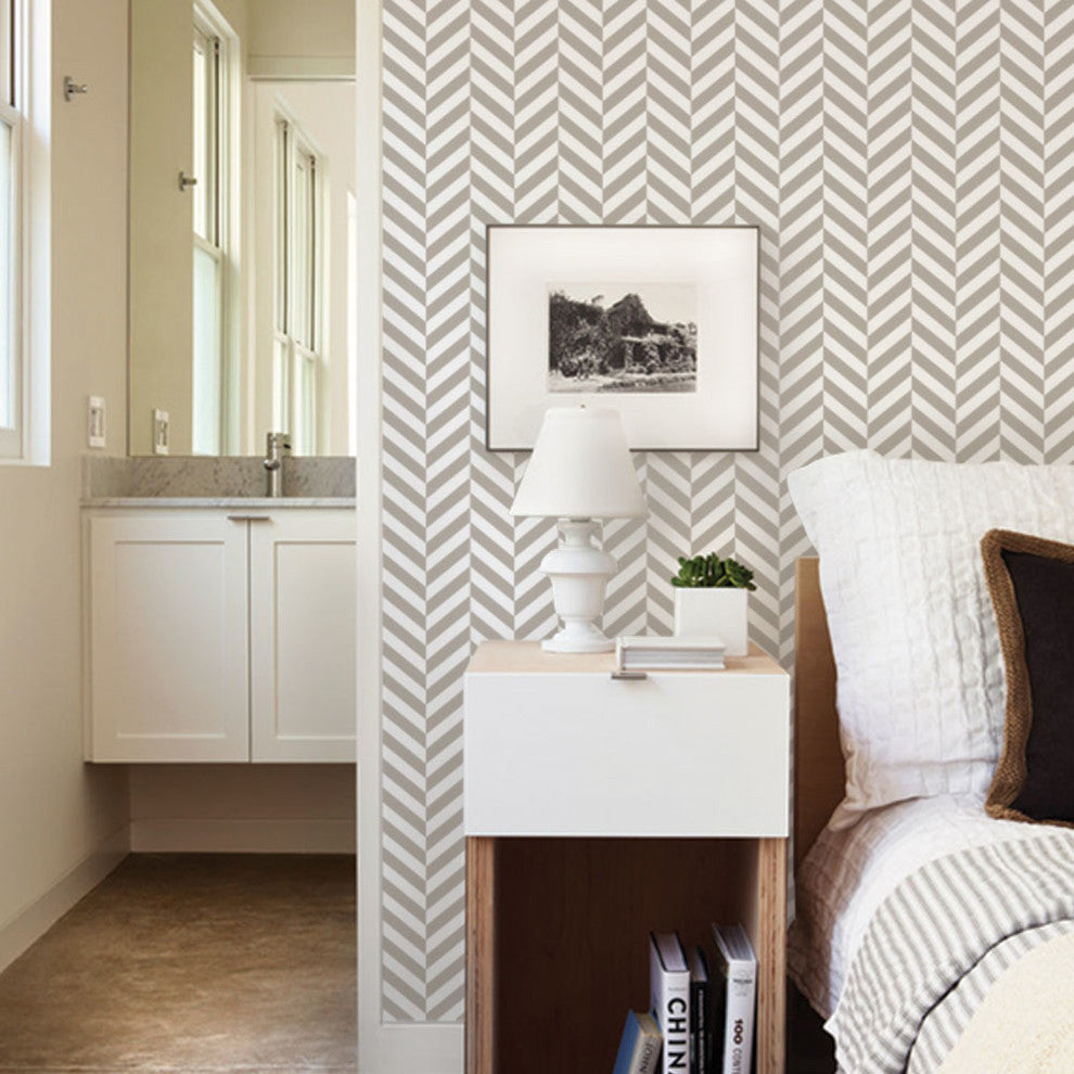 Herringbone Solid Peel and Stick Vinyl Wallpaper, Warm Gray, 24"w X 108"h