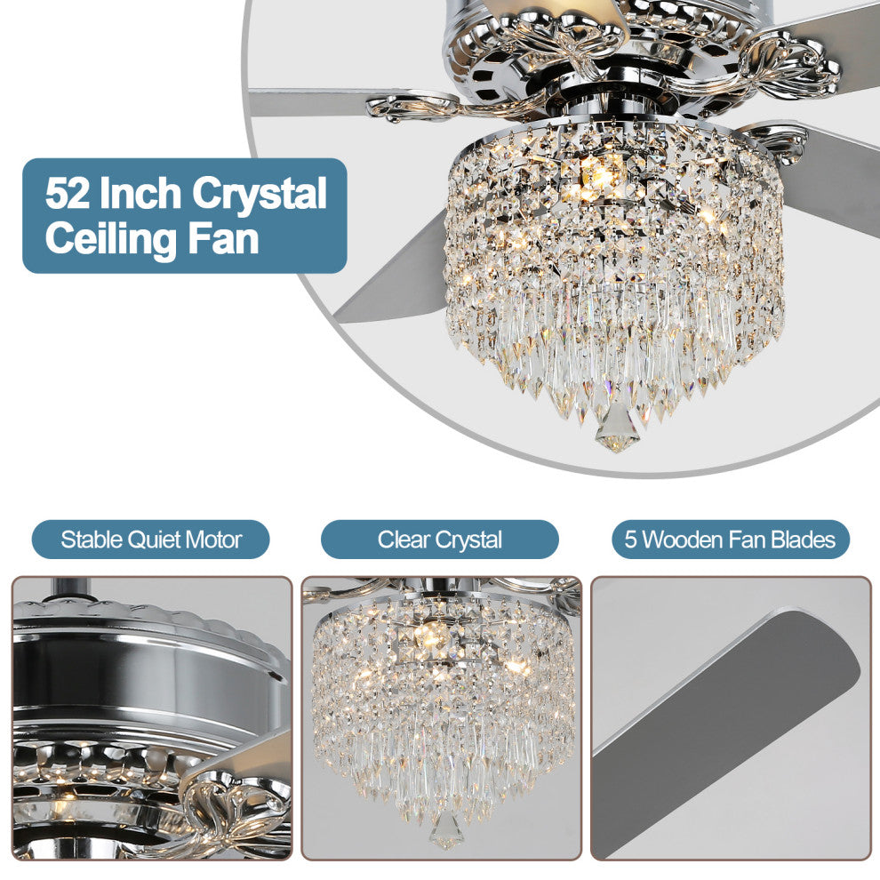 52"  Chrome Chandelier Ceiling Fan, Pull Chain Ceiling Fan with Remote Control