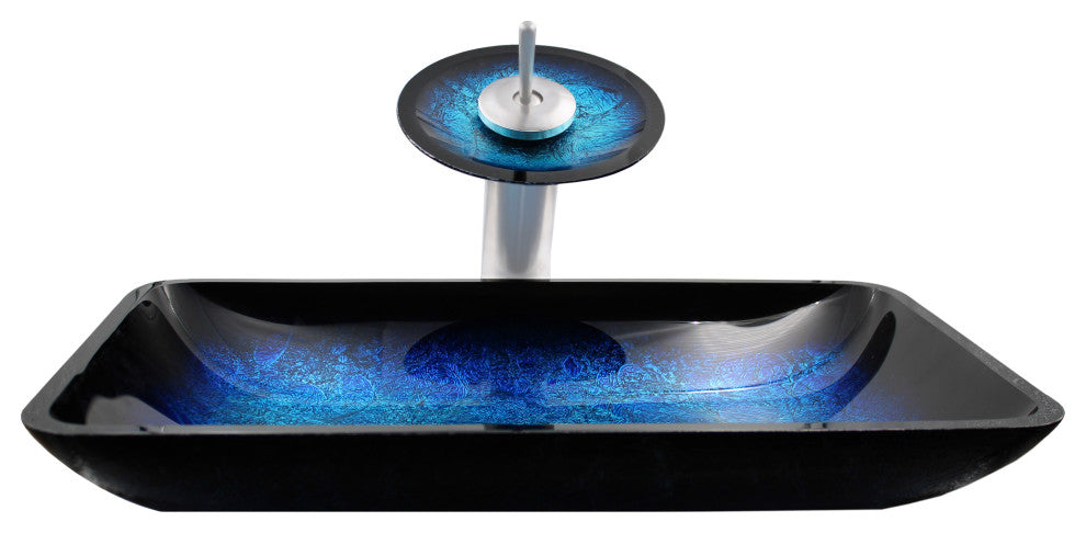 The Fresca Rectangle Shallow Blue Foiled Glass Bath Sink Combo Faucet Drain, Chrome