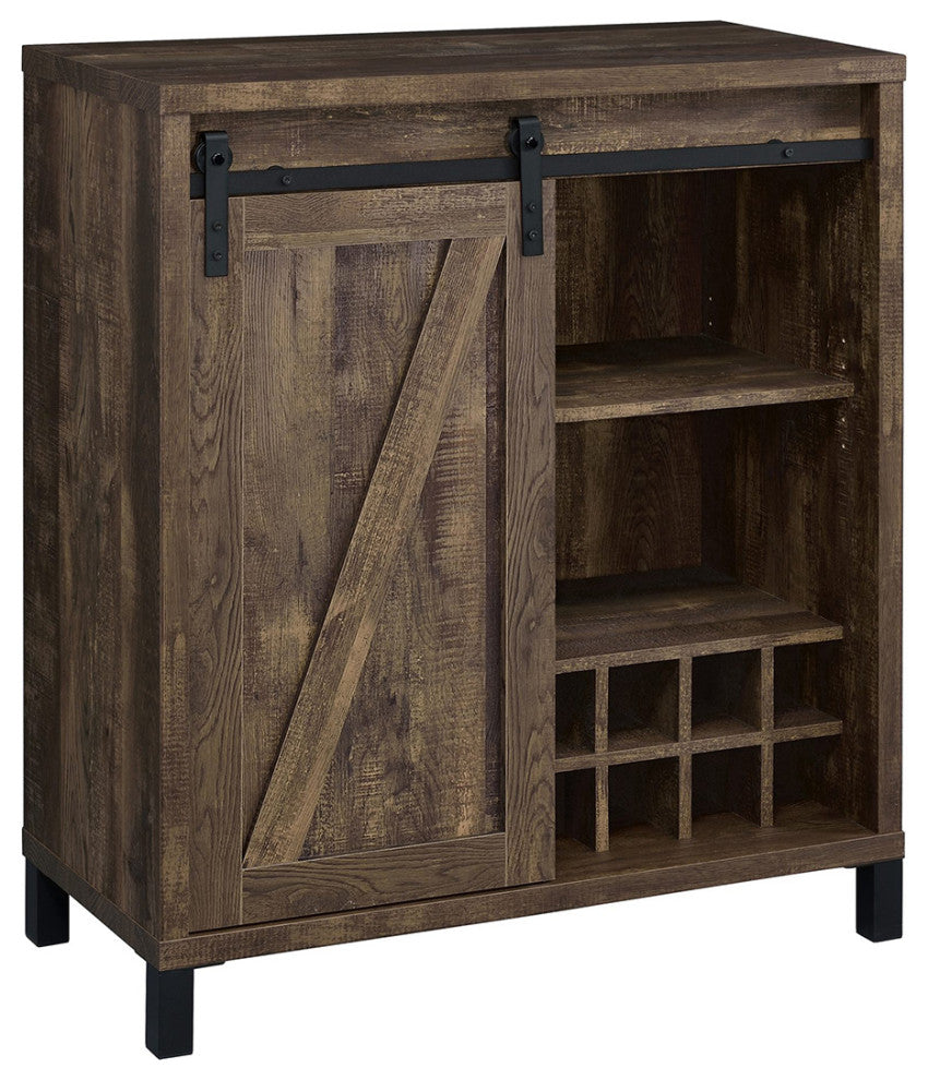 Wood Bar Cabinet with Wine Rack and shelves, Rustic Oak and Black