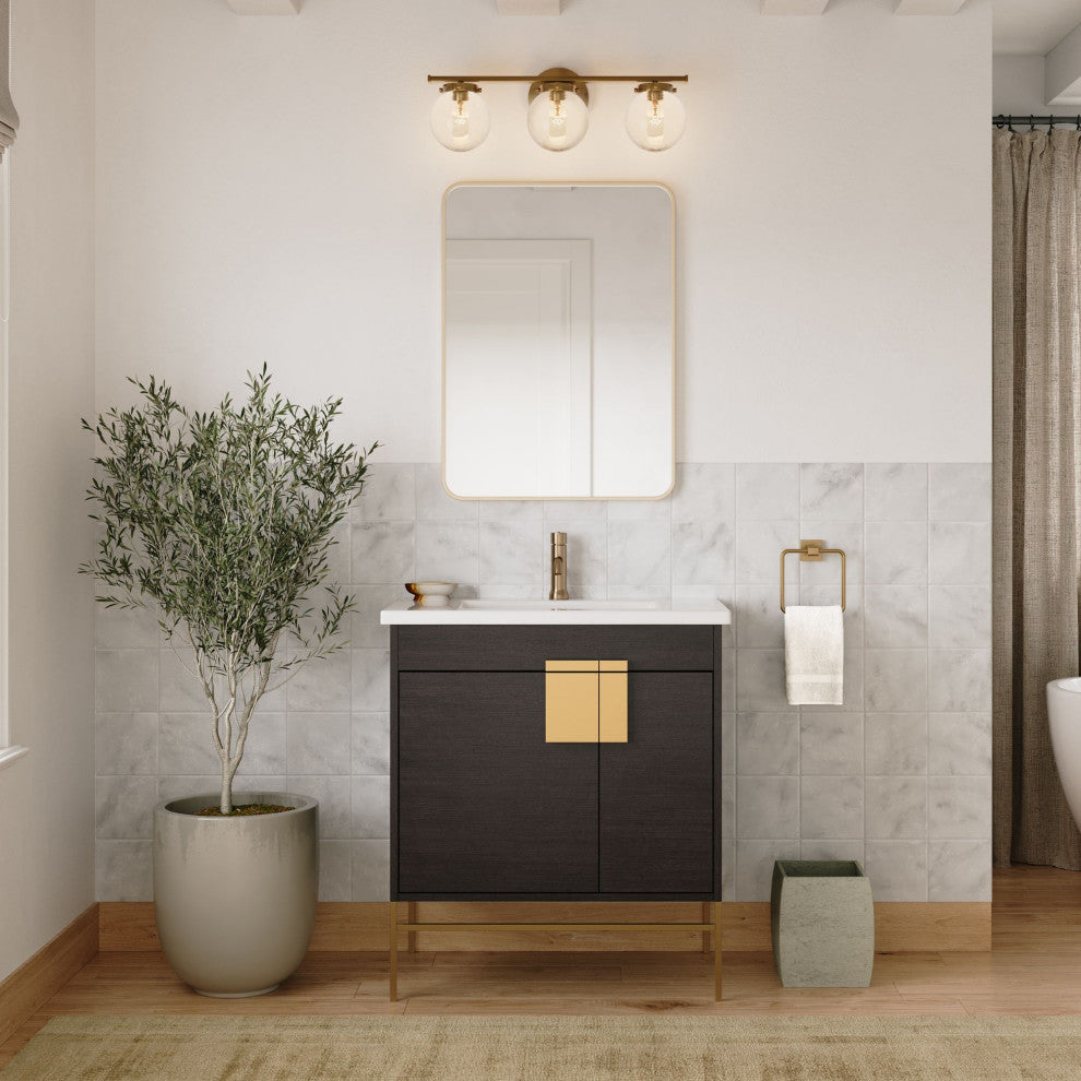Lockhart Bath Vanity, Black Oak, 30", Satin Brass Hardware, Single Sink, Freestanding