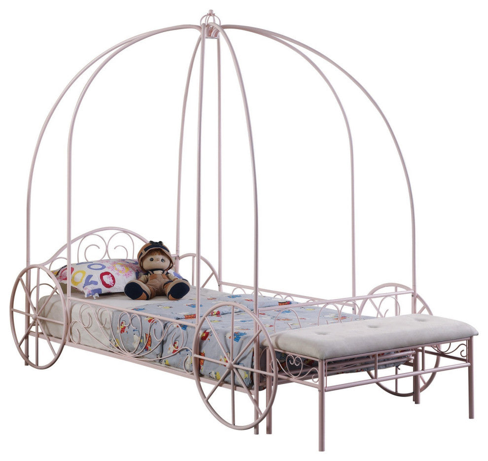 Benzara BM283038 Modern Twin Size Canopy Bed, Princess Carriage Design, Pink