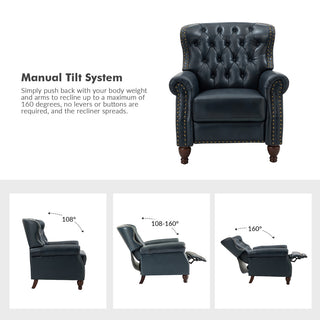 34.5"W Transitional Style Genuine Leather Recliner With Nailhead Trims, Navy